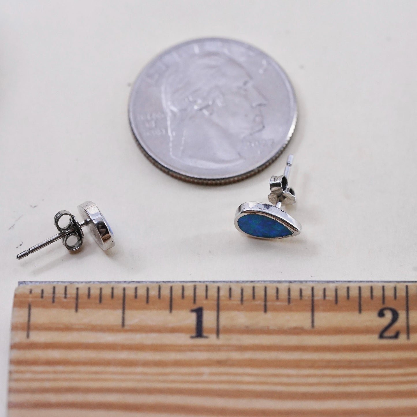 Vintage sterling silver handmade earrings, 925 teardrop studs with fire opal