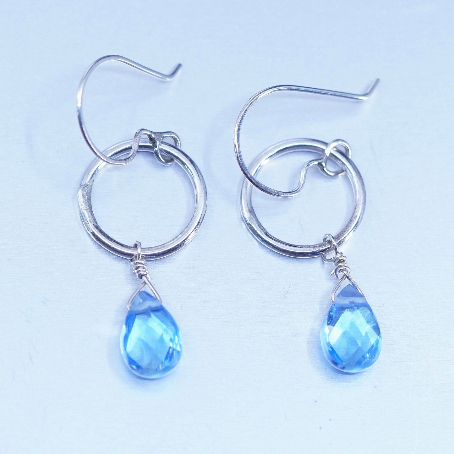 Vintage Sterling 925 silver circle earrings with teardrop blue topaz