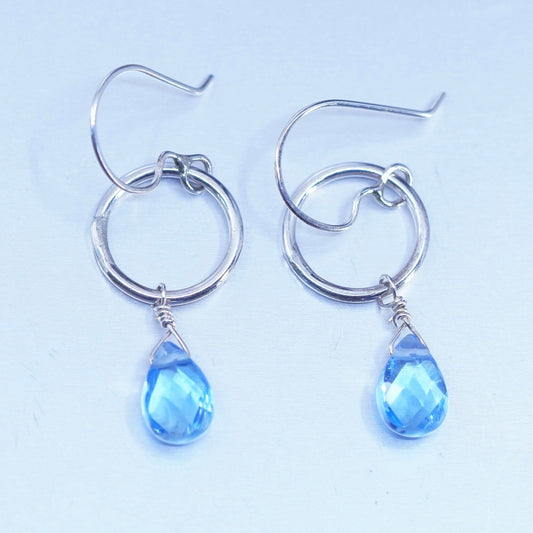 Vintage Sterling 925 silver circle earrings with teardrop blue topaz