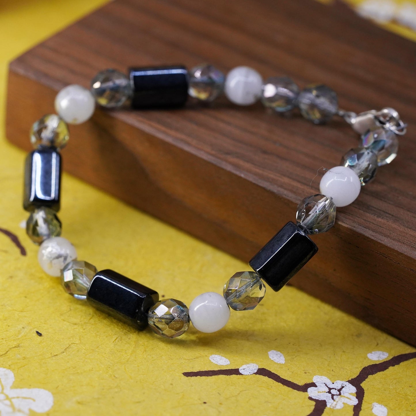 7.5” Vintage sterling 925 silver handmade bracelet with hematite crystal beads