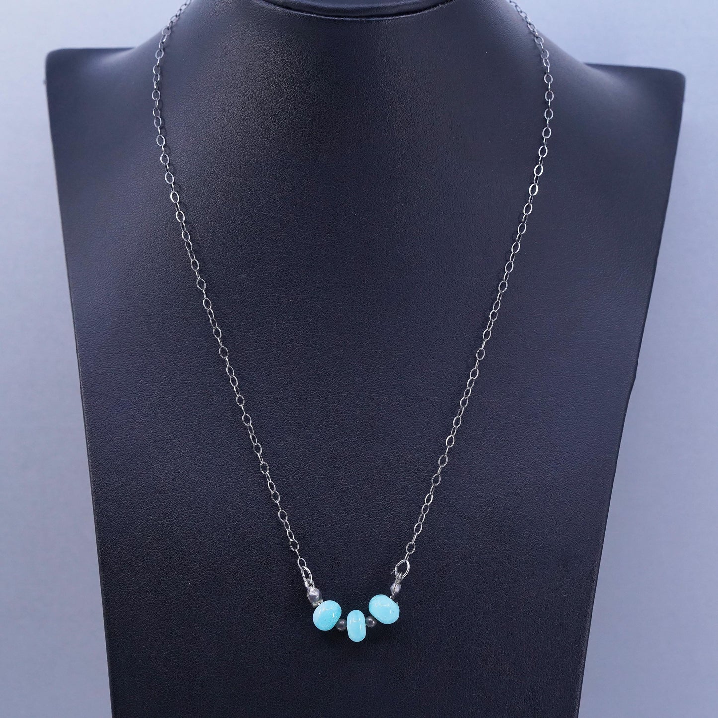 18”, Sterling 925 silver flatten circle chain necklace w/ larimar bead pendant