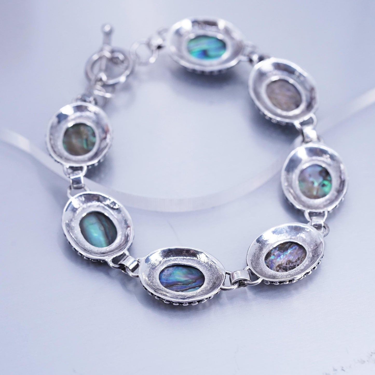 7.75”, Sterling 925 silver handmade bracelet with abalone and toggle closure