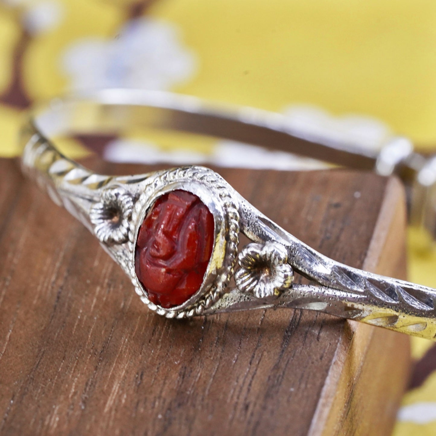 Vintage Sterling silver handmade bracelet, 925 baby bangle with carved cinnabar