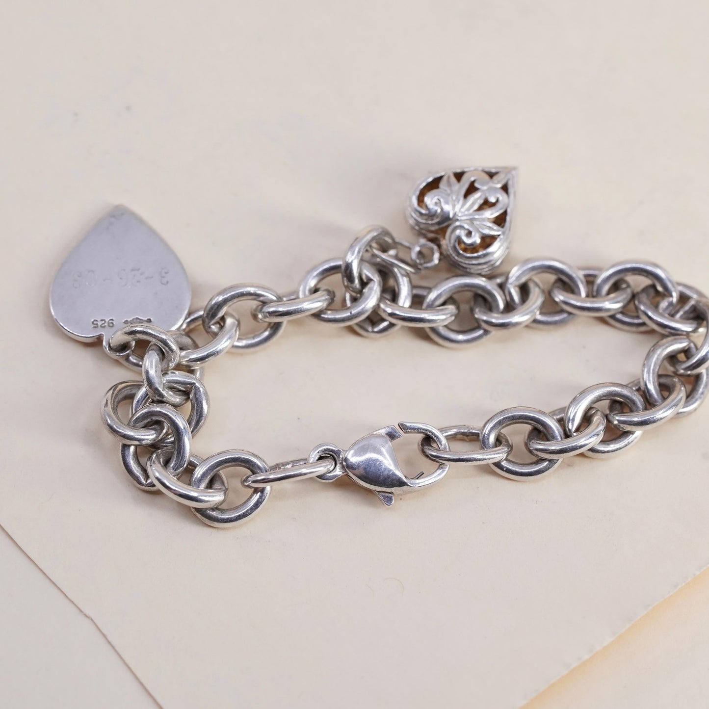 5.25", Vintage sterling silver bracelet, 925 filigree heart charm monogram CGM