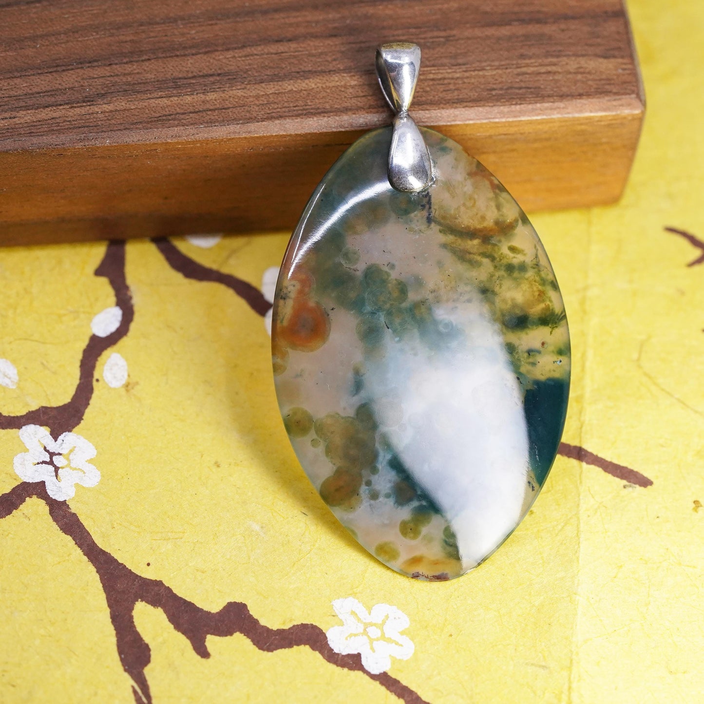 Southwestern Sterling 925 silver handmade oval pendant with moss agate