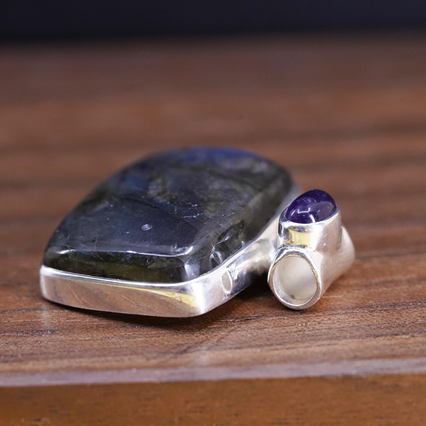 Vintage Sterling 925 silver handmade pendant with blue labradorite and amethyst