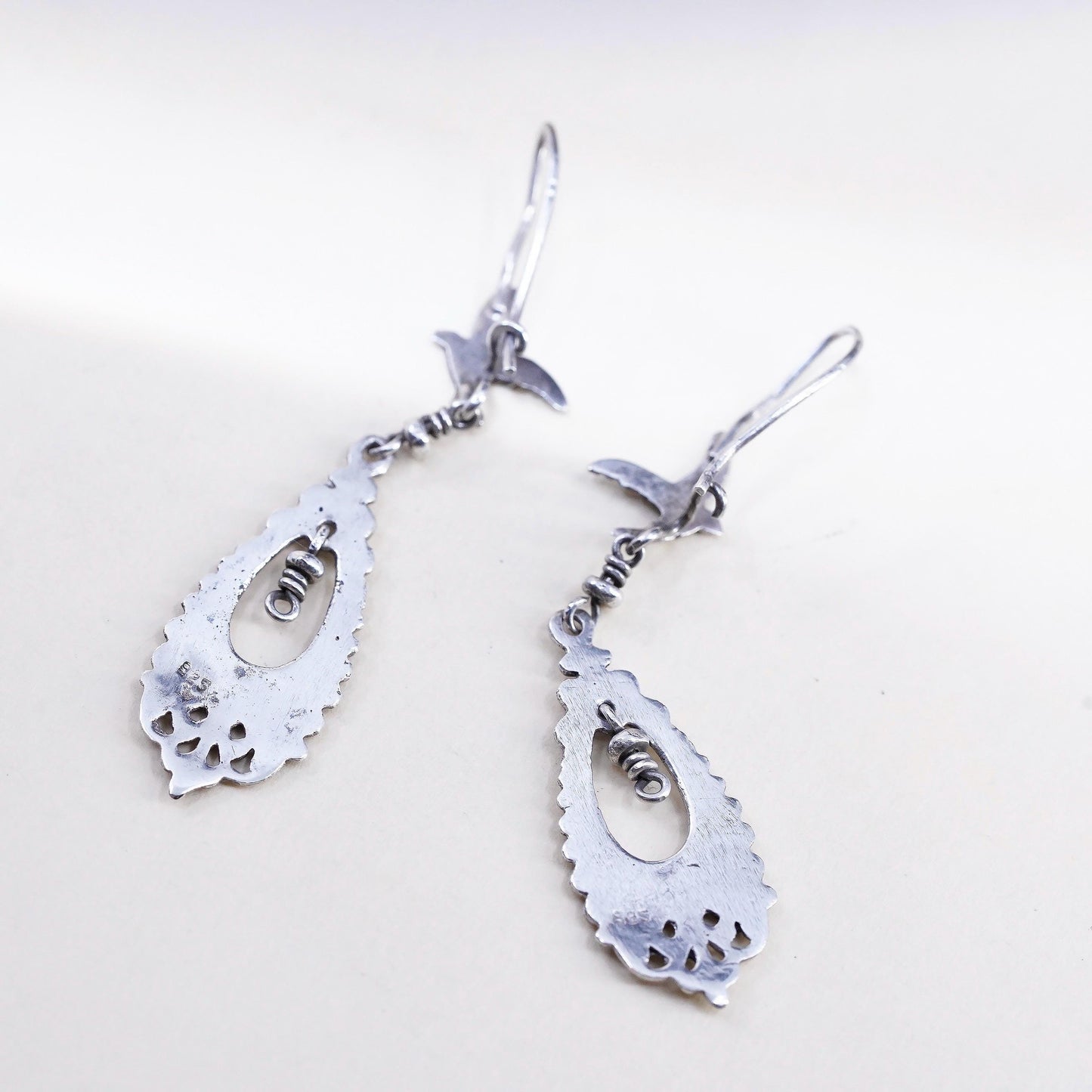 Southwestern Sterling Silver Swallow Bird Dangles, Teardrop Filigree Earrings