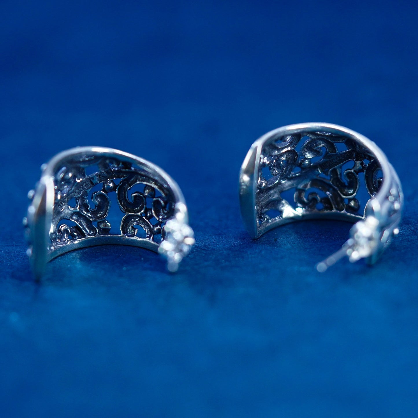 Sterling silver handmade earrings, 925 silver Huggie studs with bali filigree