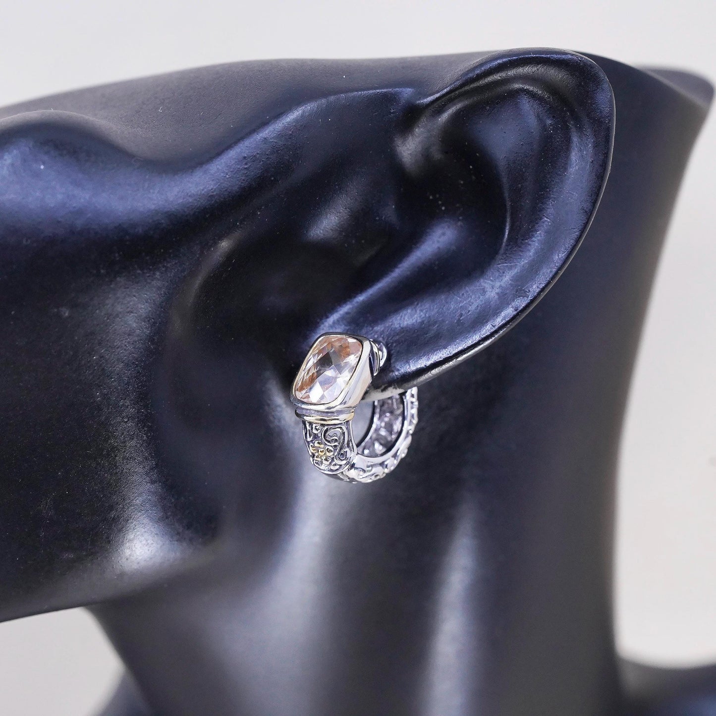 Vintage sterling silver earrings, filigree floral 925 huggie hoops citrine