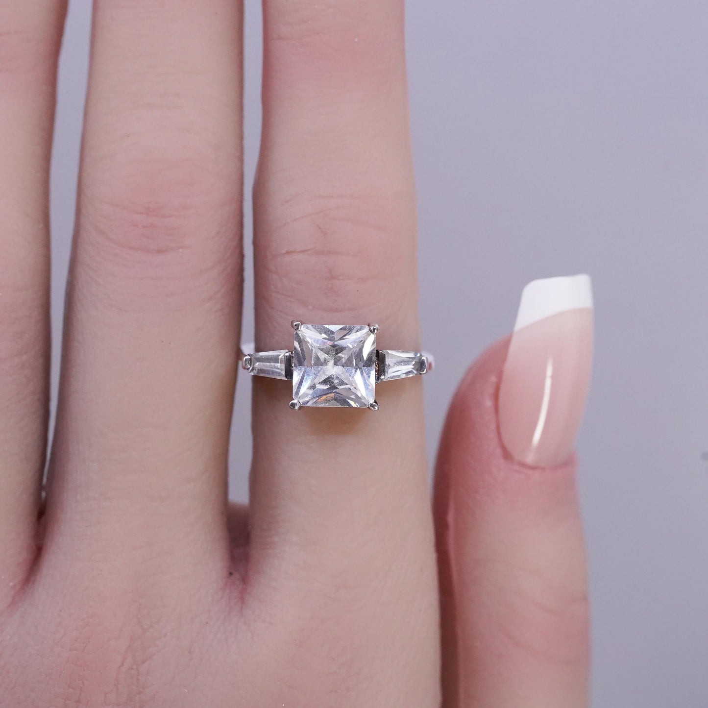 Size 6.25, vintage Sterling 925 silver engagement ring with square Cz