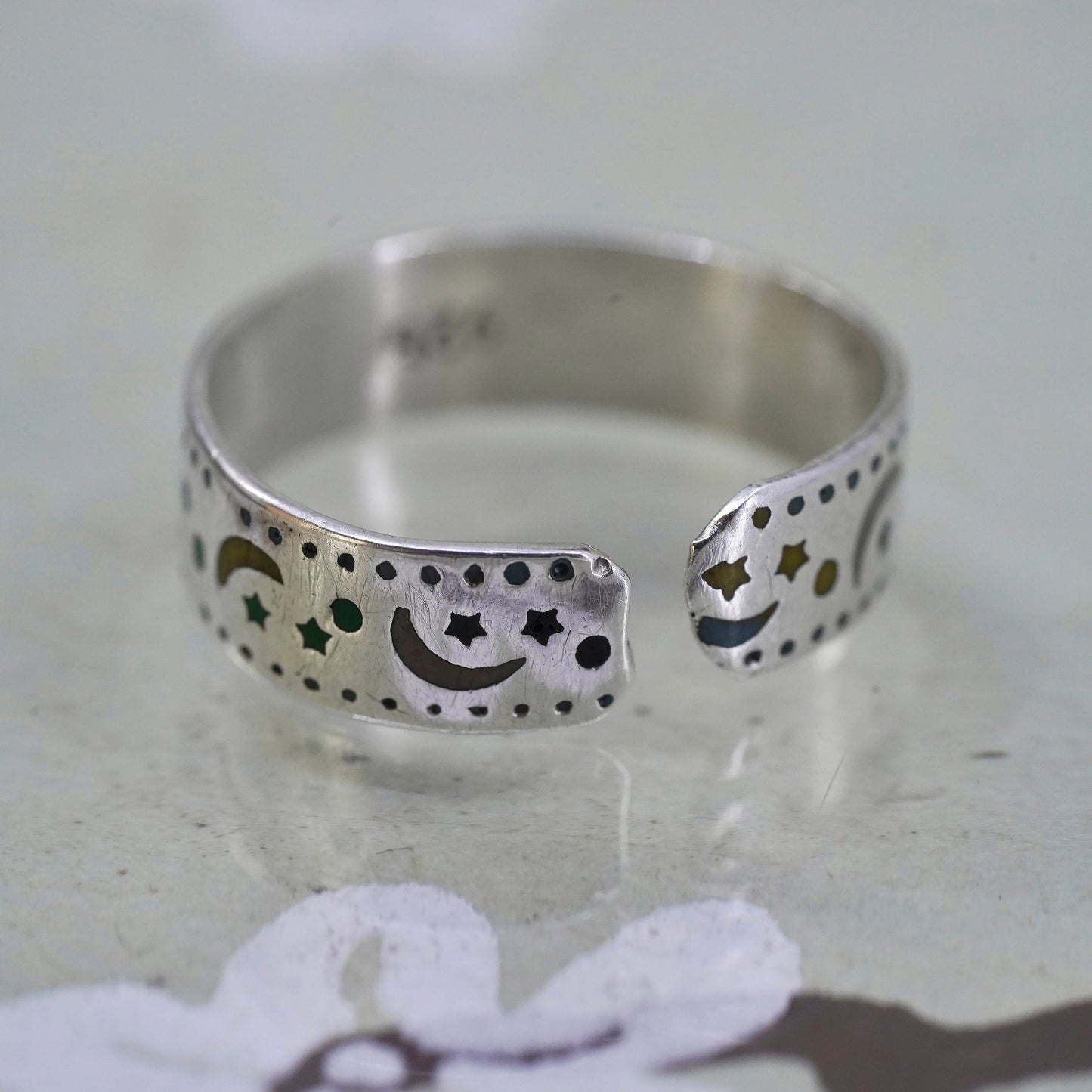 Size 4, Vintage sterling silver handmade ring, star moon 925 band with open end