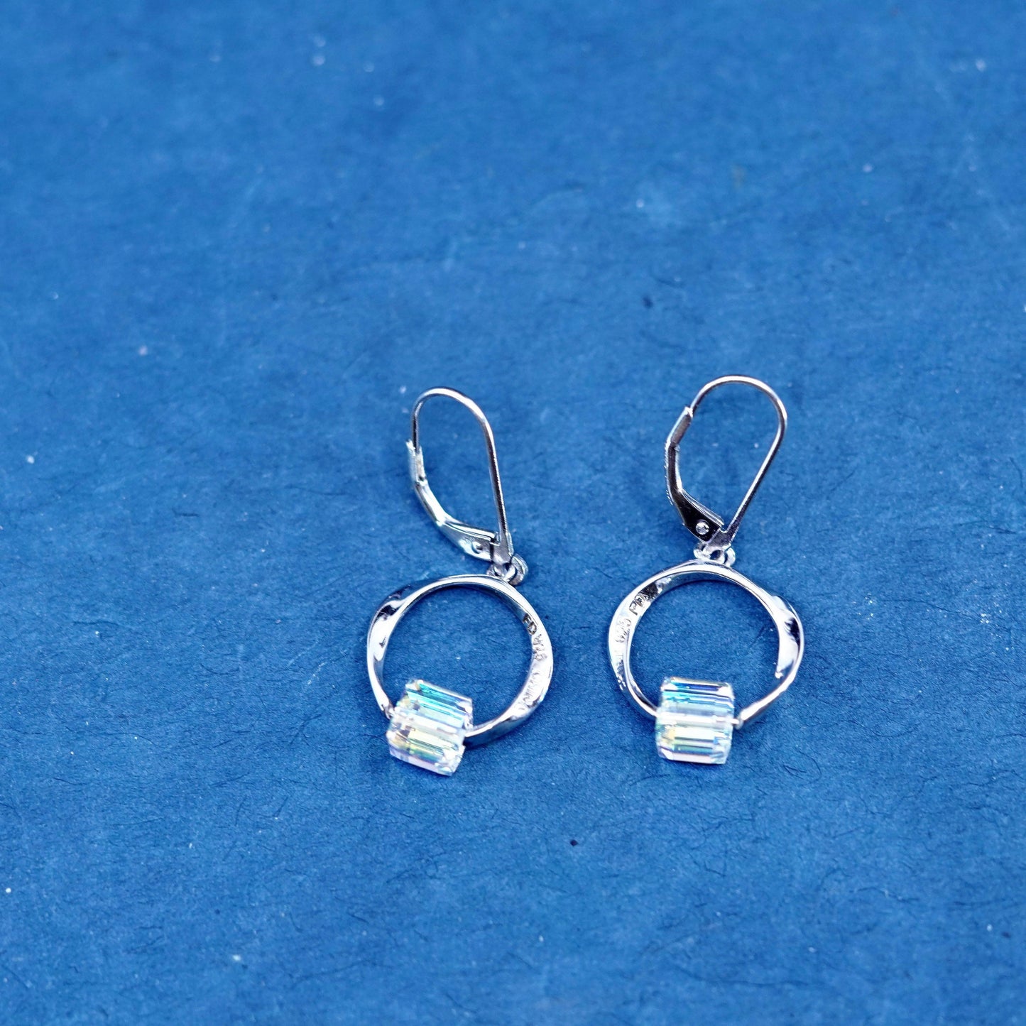 Vintage sterling silver earrings, solid 925 silver circle with cz
