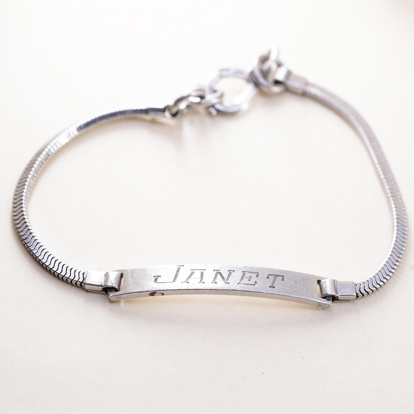 7.5", sterling silver bracelet, Italy 925 square snake chain name tag Janet
