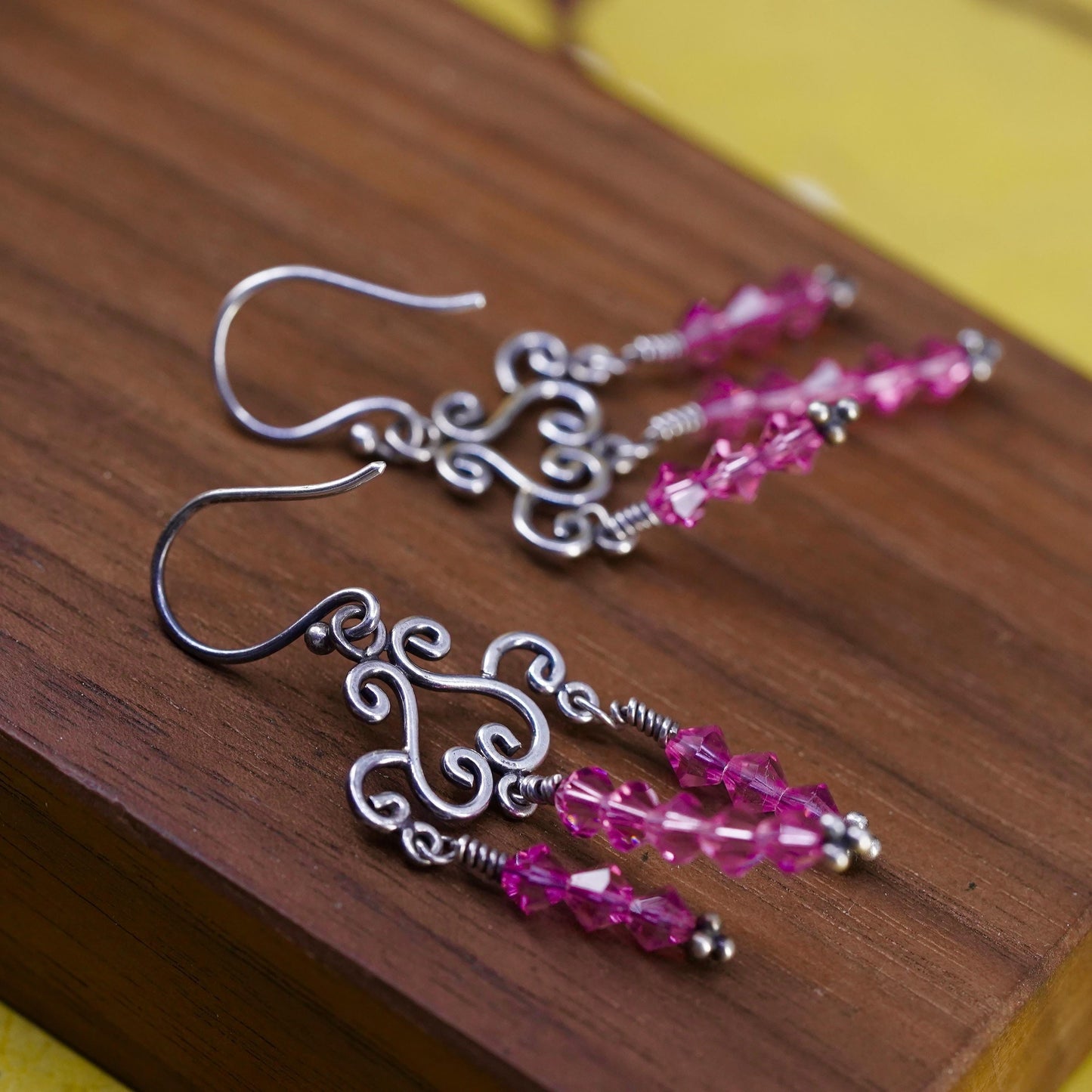 Vintage Sterling silver 925 handmade swirly earrings with pink crystal