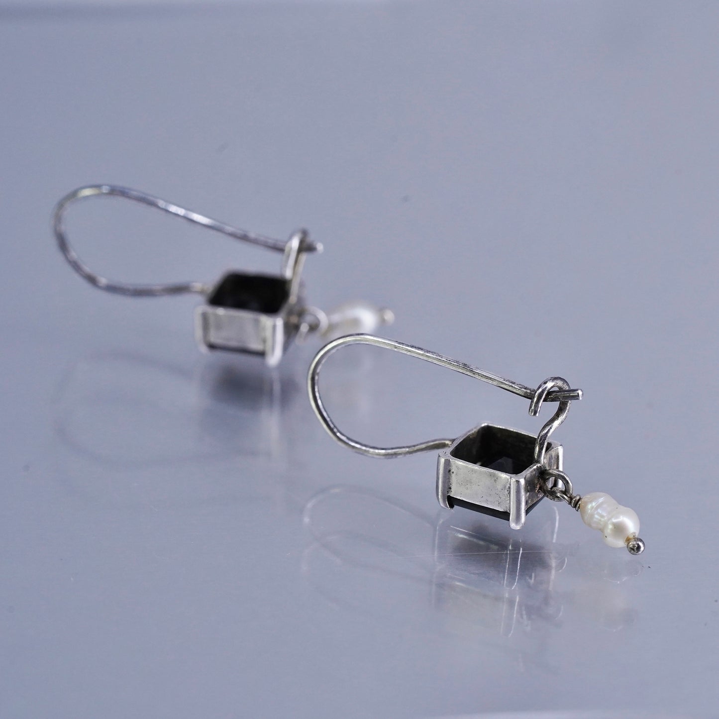 Sterling 925 silver handmade earrings with square obsidian and pearl dangles