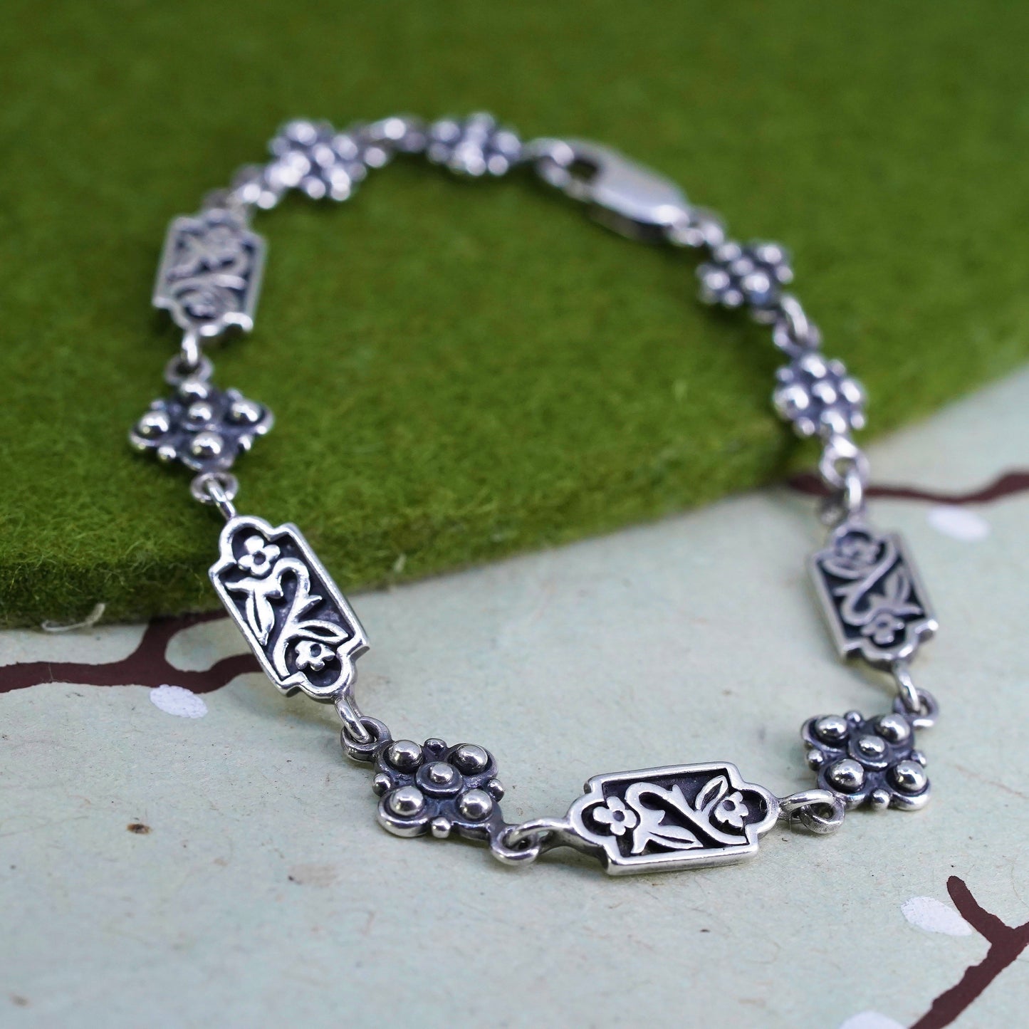 7", Vintage sterling silver bracelet, 925 flower beads chain, handmade jewelry