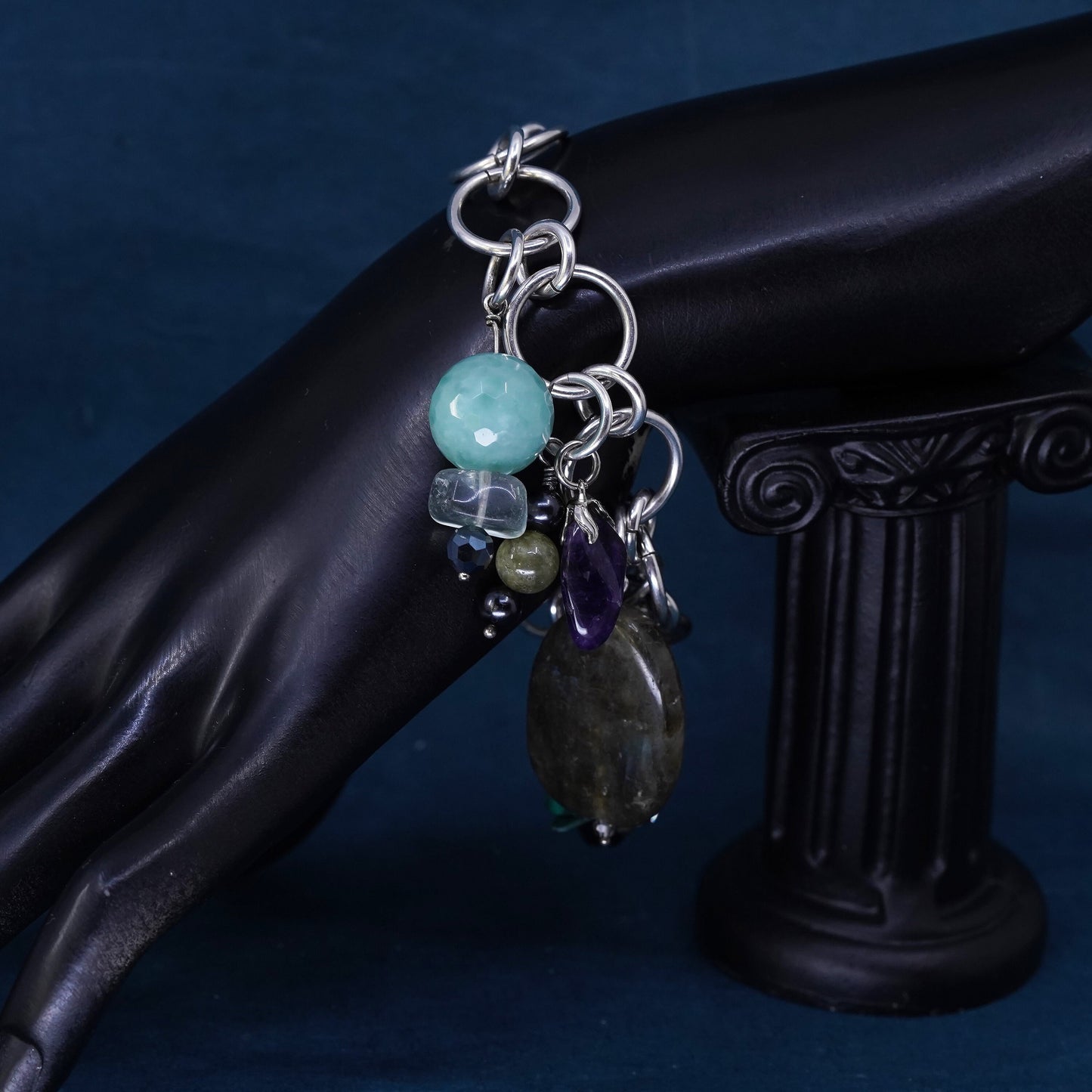 6.5", Sterling silver bracelet, 925 huge circle turquoise labradorite amethyst