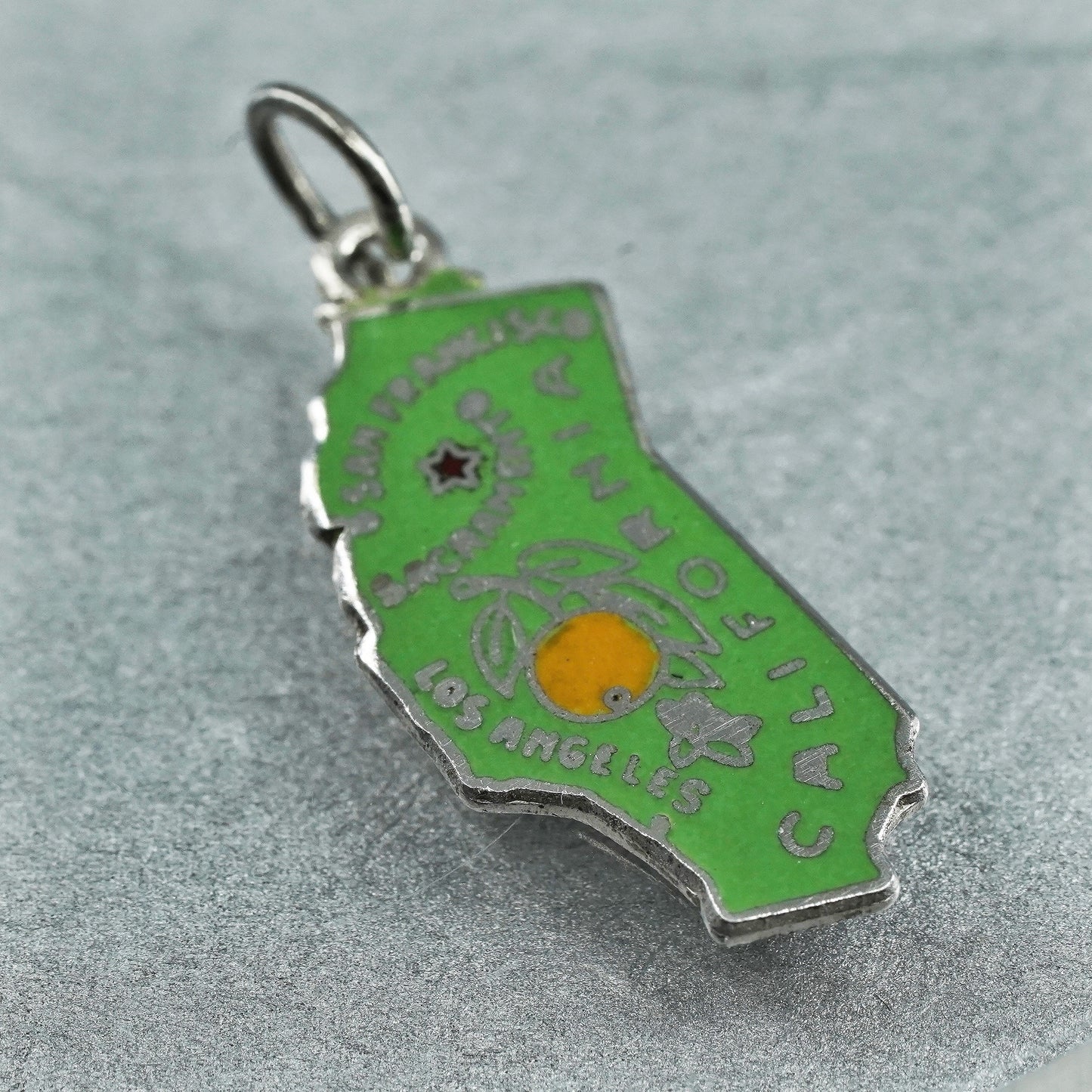 Vinatge Sterling 925 silver charm, green enamel California state tag