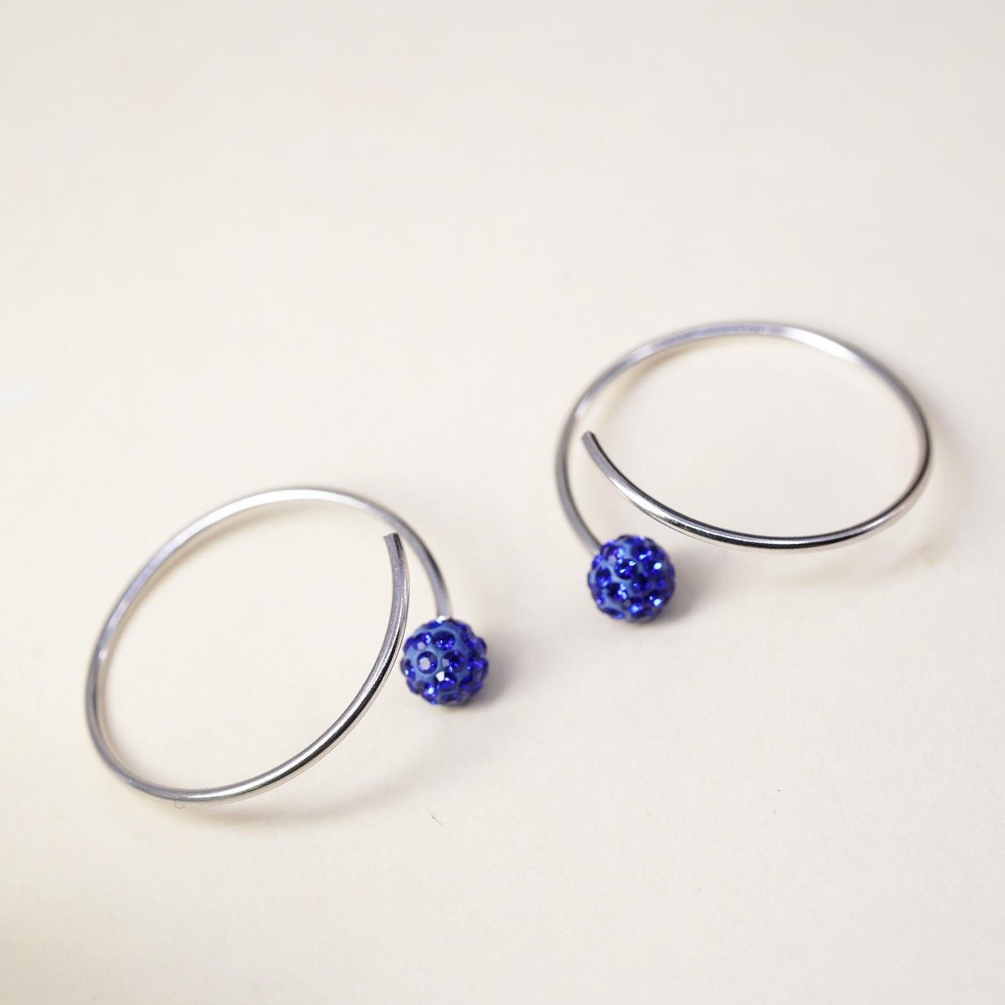 0.75”, Vintage sterling silver loop earrings, hoops with blue crystal bead