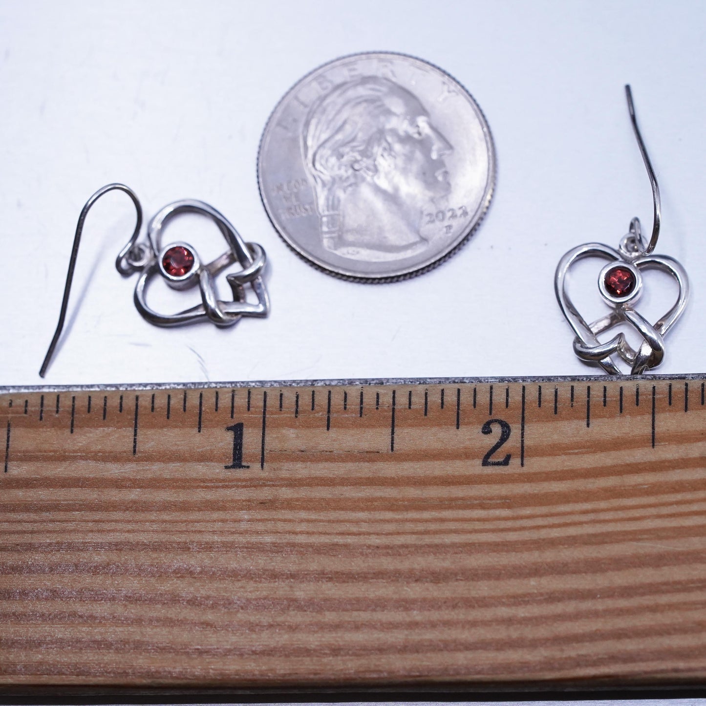 Vintage Sterling 925 silver heart earrings with garnet