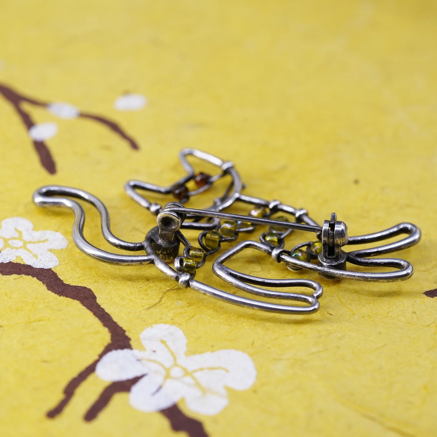 Vintage southwestern sterling 925 silver handmade kitty cat brooch pin amber