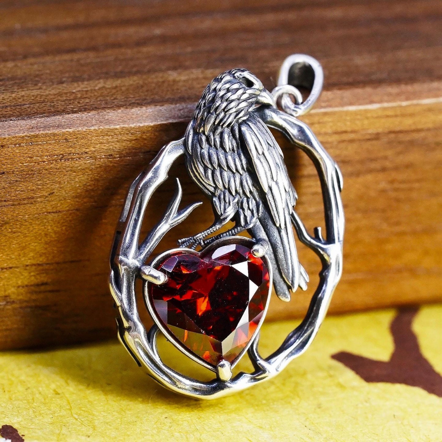 Garnet Heart Raven Pendant, Sterling Silver 925 Crow Bird Oval, Red 925 Jewelry