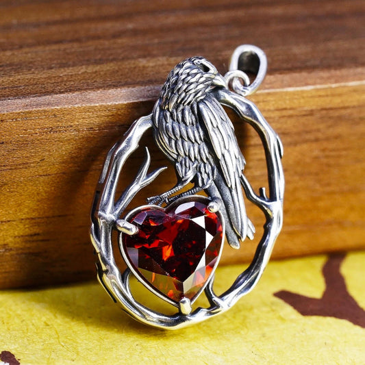 Garnet Heart Raven Pendant, Sterling Silver 925 Crow Bird Oval, Red 925 Jewelry
