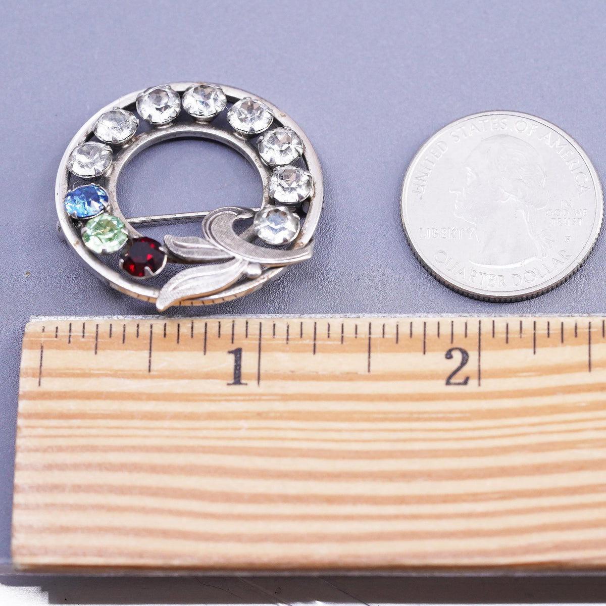 Vintage Van Dell Sterling silver handmade brooch, 925 circle pin w/ Rhinestone