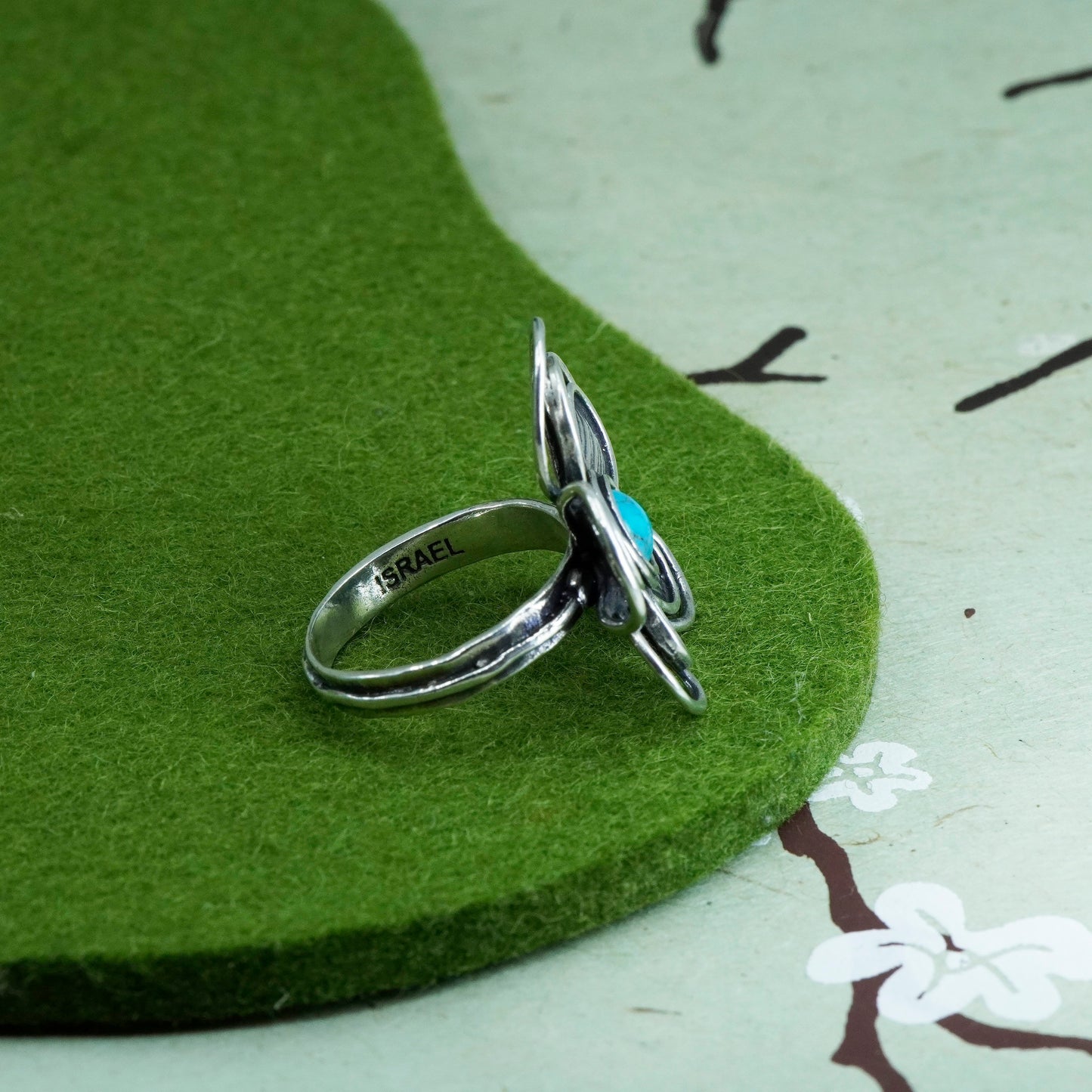 Size 9, Israel Sterling silver ring, 925 flower statement ring turquoise