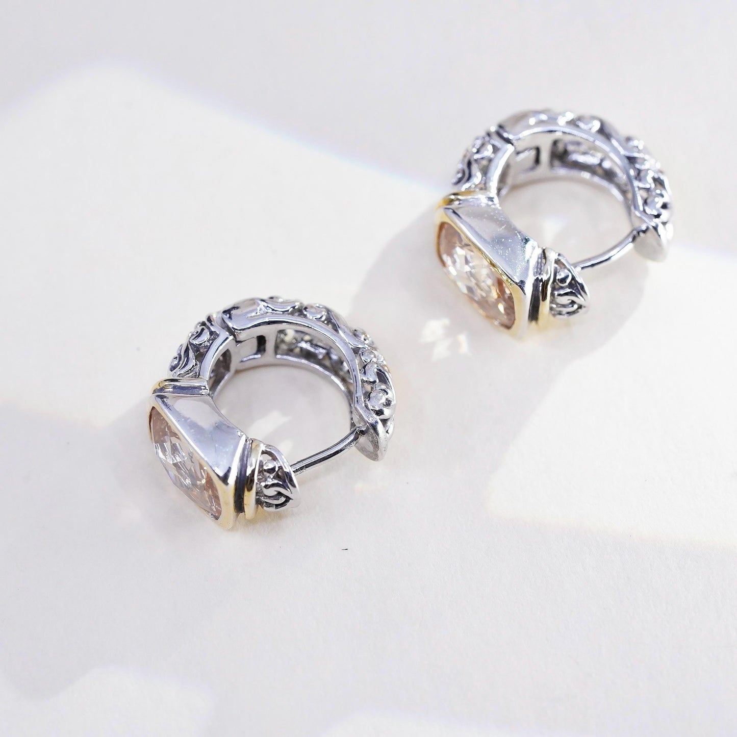 Vintage sterling silver earrings, filigree floral 925 huggie hoops citrine