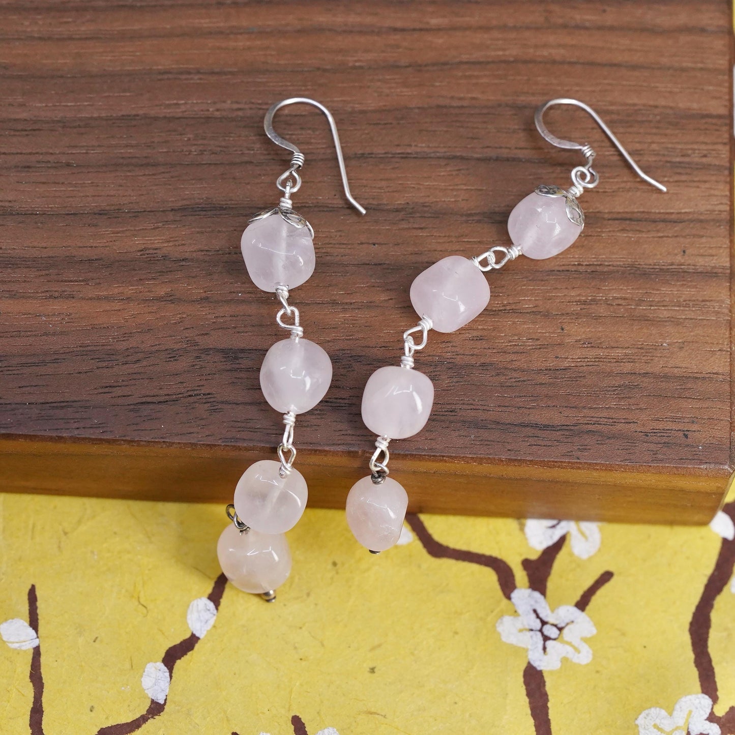 Vintage Sterling 925 silver handmade earrings with pink rose quartz