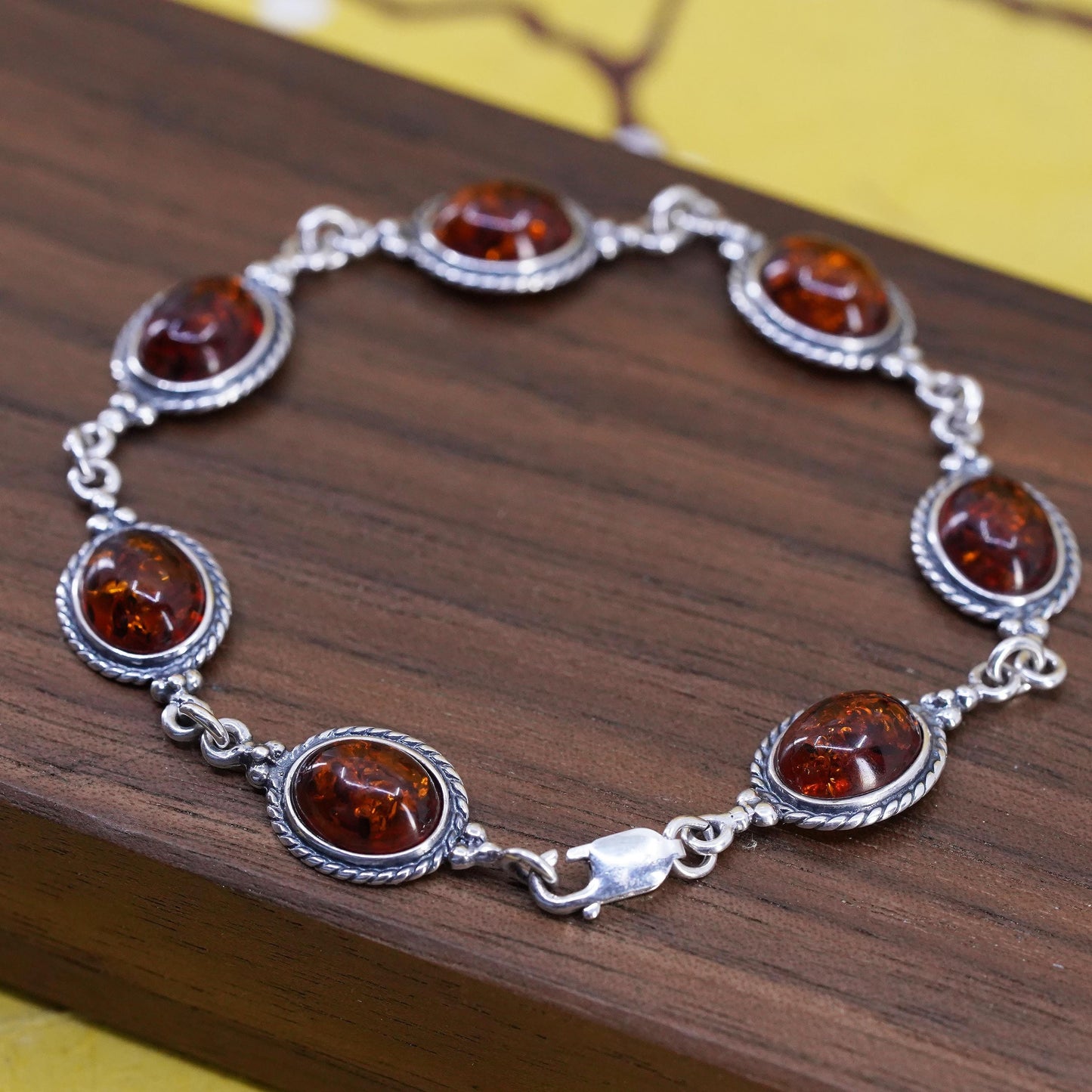 7", vintage Sterling 925 silver handmade bracelet with oval amber