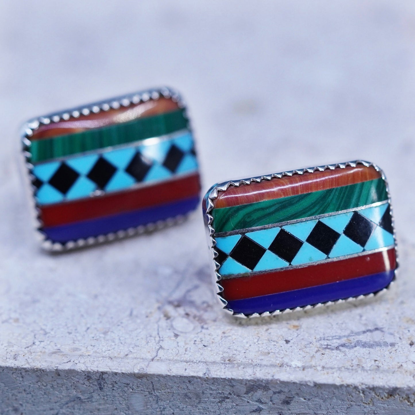 Native American sterling silver earrings, rectangular 925 studs, Zuni, Navajo
