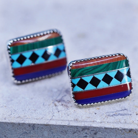 Native American sterling silver earrings, rectangular 925 studs, Zuni, Navajo