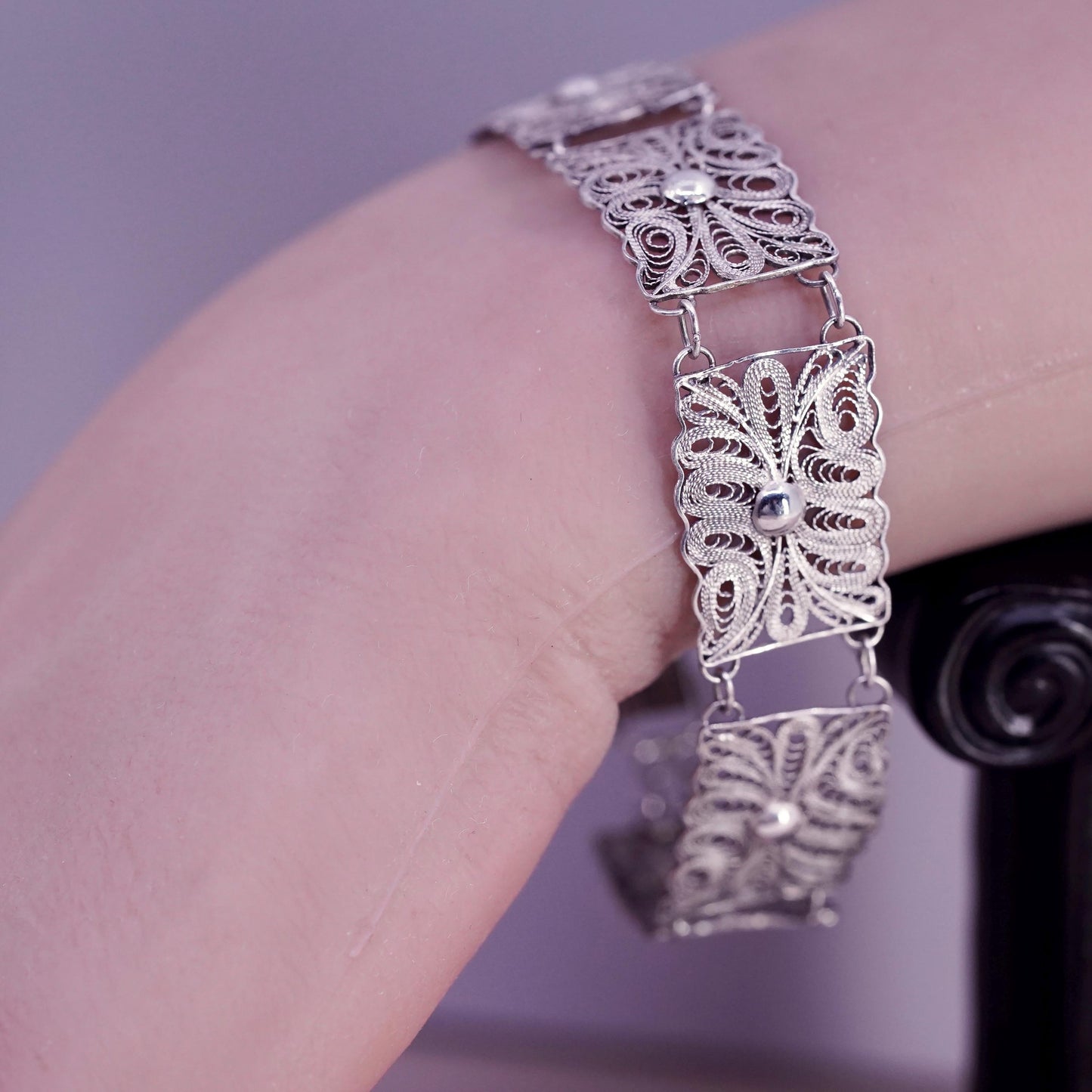 7", vintage sterling silver handmade bracelet, 925 filigree disc bracelet