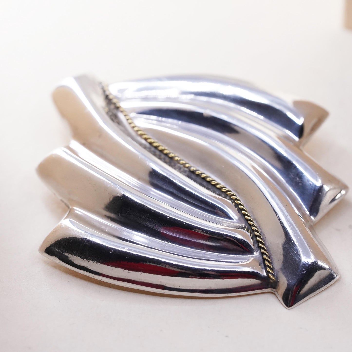 VTG two tone Mexican Sterling silver brooch Ribbed 925 square modernist pendant