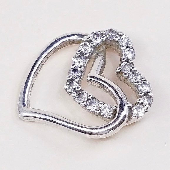 VTG sterling silver pendant, fine 925 silver double hearts w/ crystal