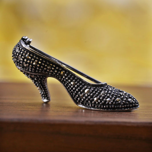 Vintage handmade sterling 925 silver high heel brooch with marcasite