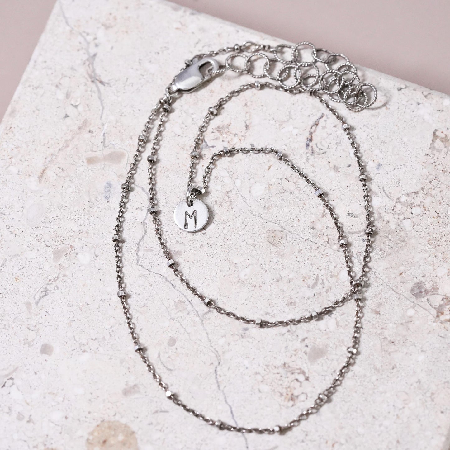 14+2”, VTG Sterling silver handmade necklace, 925 bead chain with tag letter M