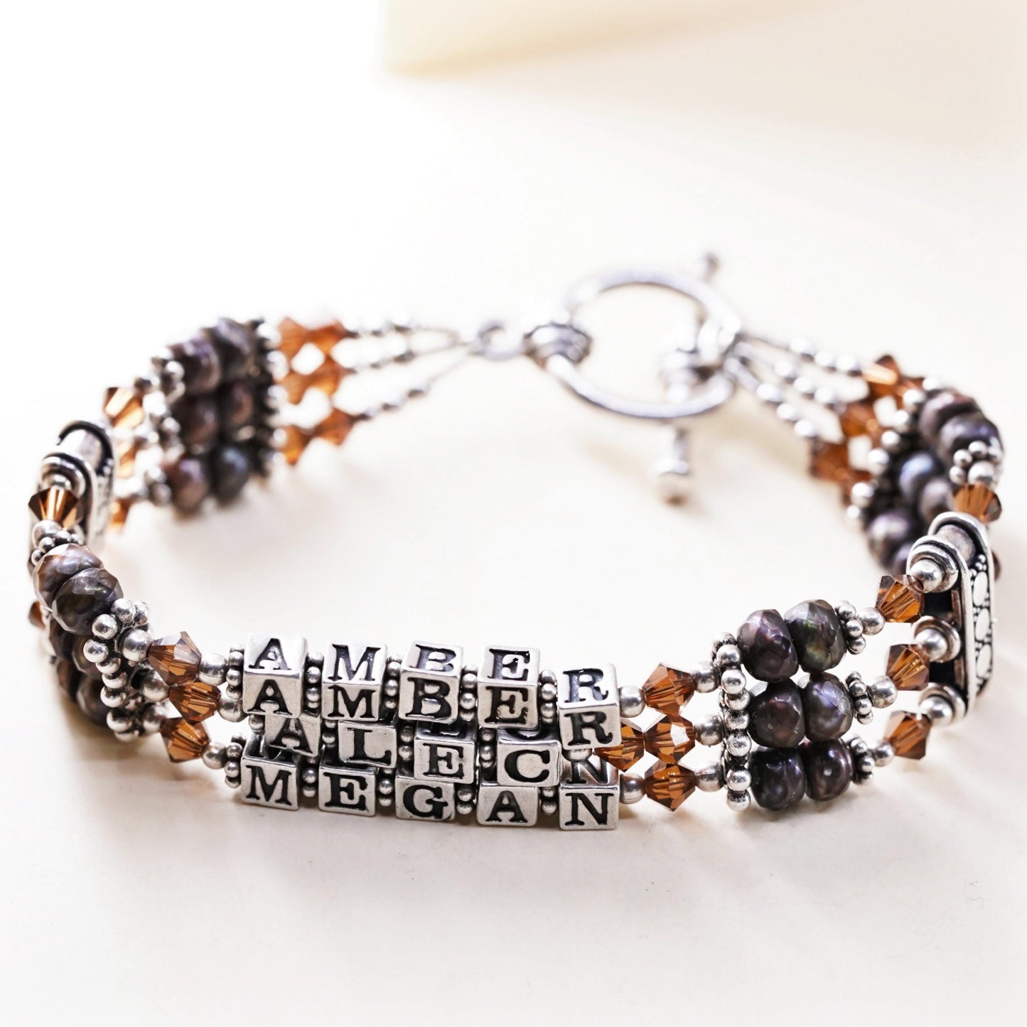 6.5”, sterling silver bracelet multi strands 925 pearl name Amber Alec Megan