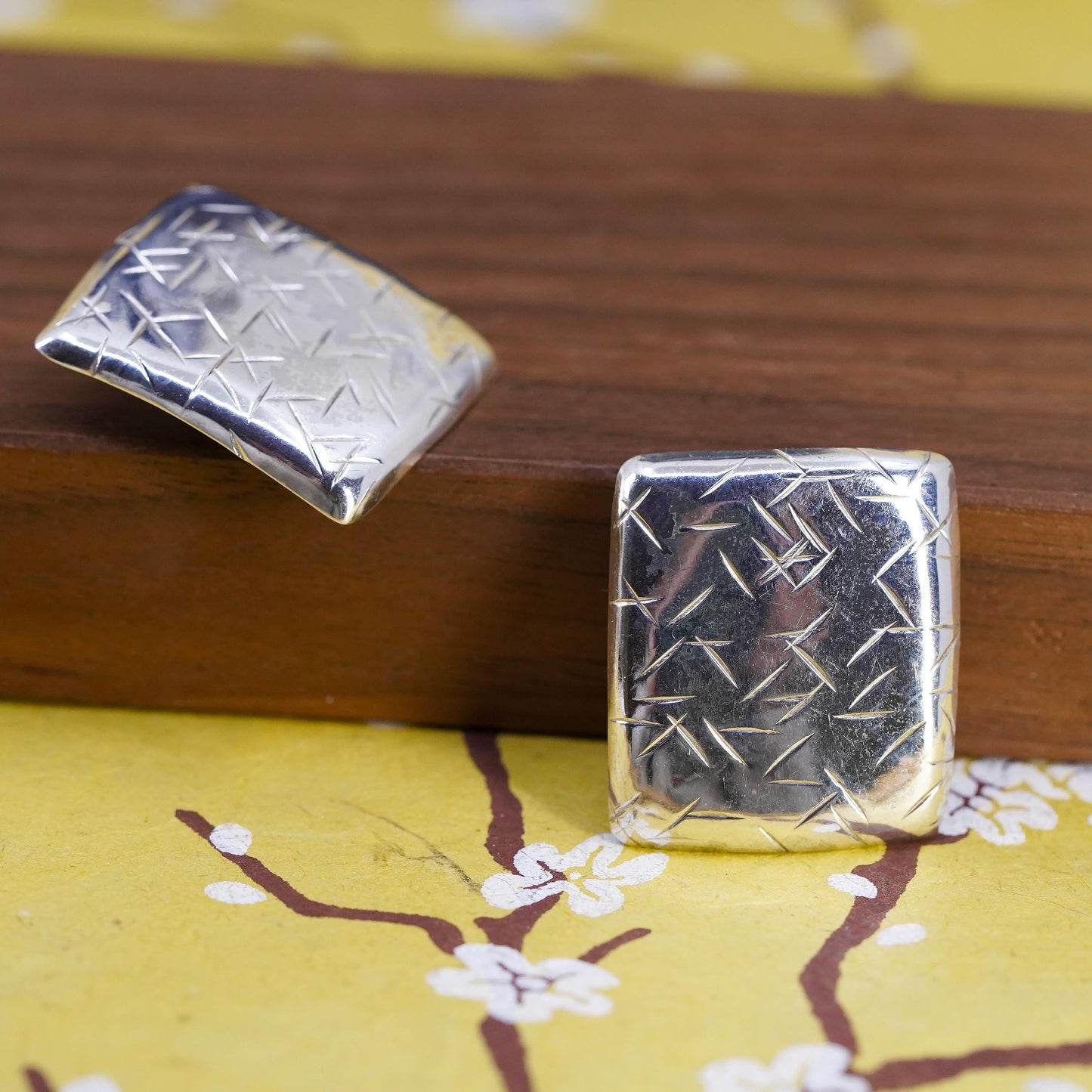 Vintage Sterling silver handmade earrings, textured 925 rectangular studs
