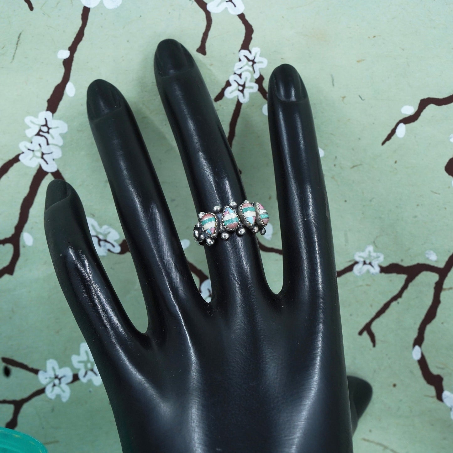 Size 5.75, Native American Zuni Sterling silver ring, 925 band turquoise coral