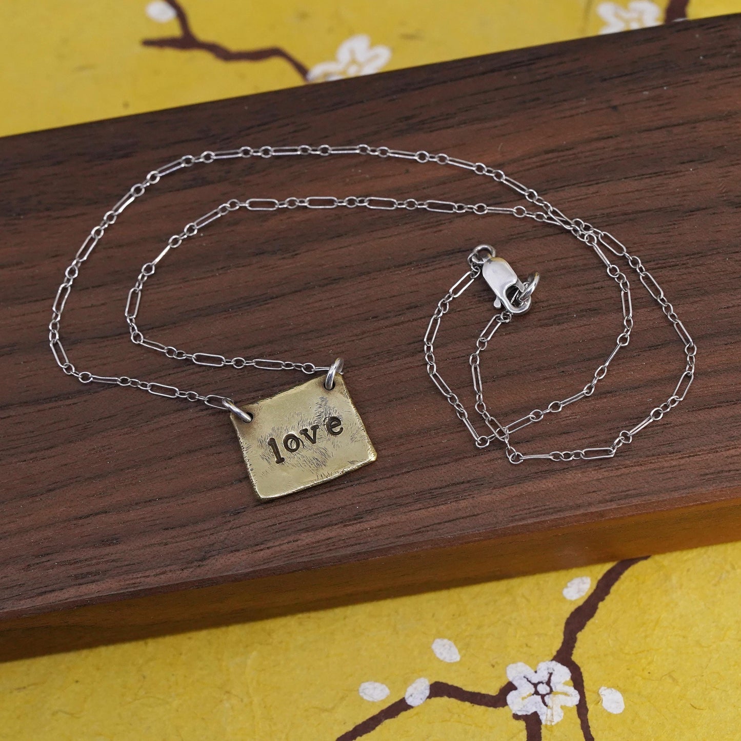 16”, vintage Sterling silver necklace, 925 elongated chain brass tag pendant