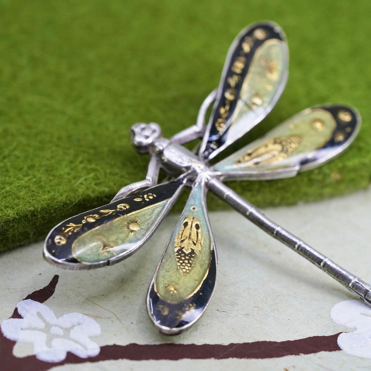 Vintage Catherine Popesco France enamel Silver Tone Rhinestone Dragonfly Pin