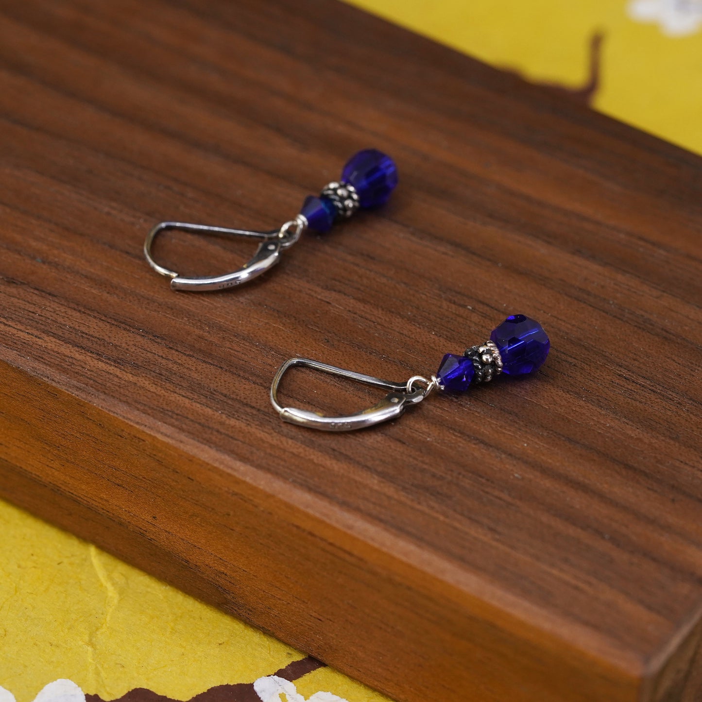 Vintage Sterling silver handmade earrings, 925 hooks with blue crystal beads