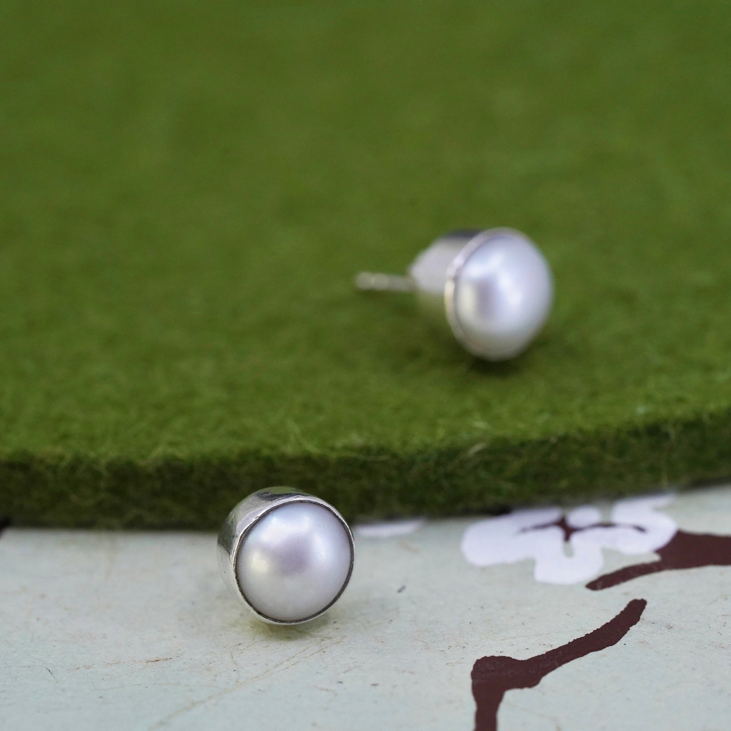 Vintage Sterling silver handmade earrings, 925 flower studs with pearl