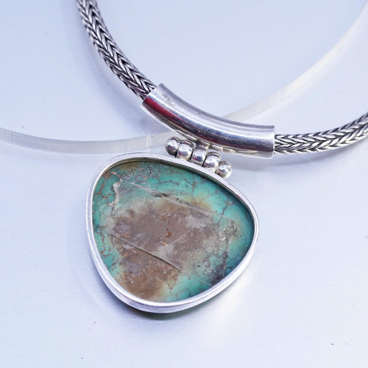 16", vintage Sterling 925 silver bold wheat chain necklace turquoise pendant
