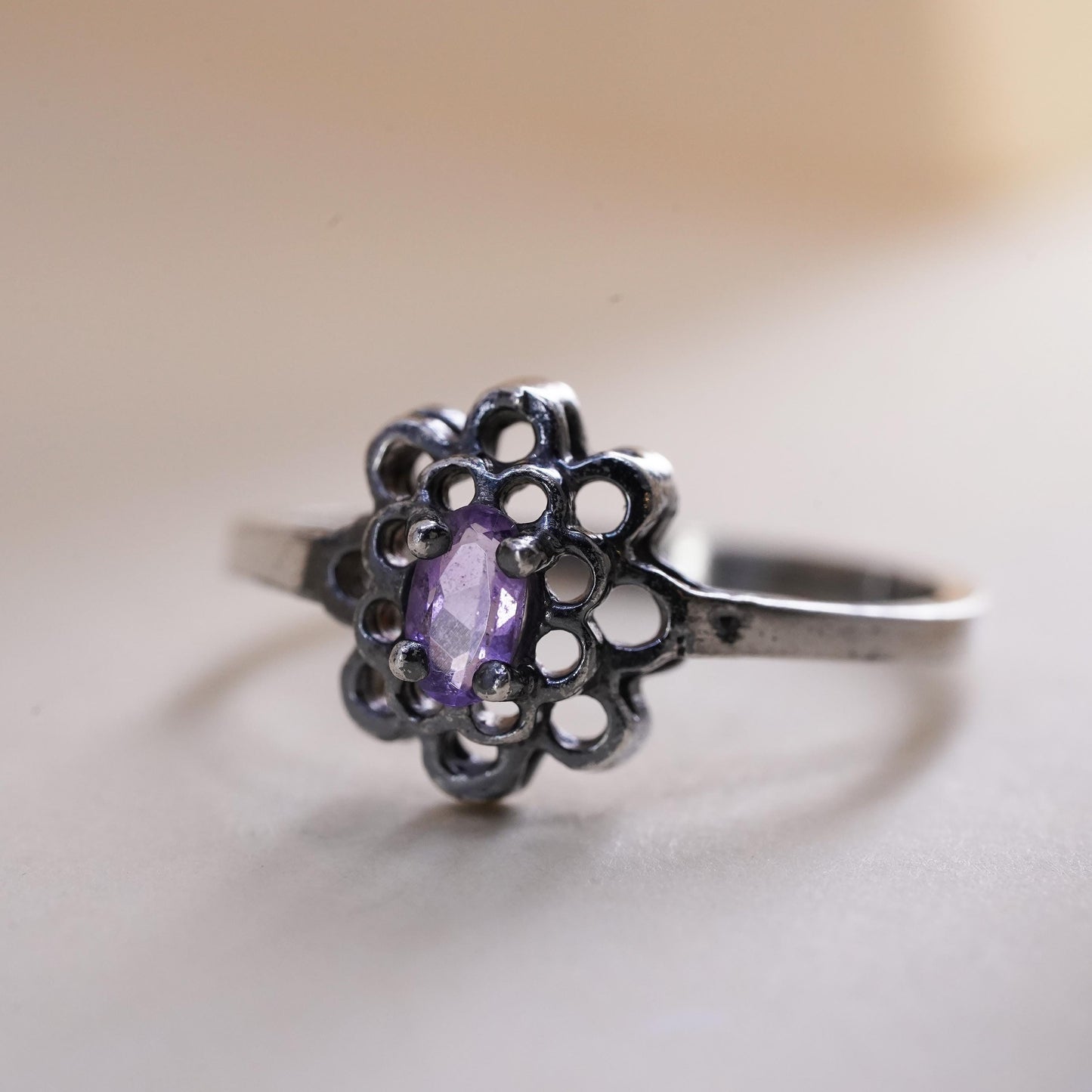 Size 7, vintage Sterling 925 silver handmade crown ring with amethyst
