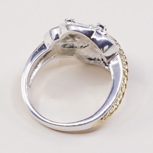 Size 7.25, Vtg Two Tone Sterling 925 Silver Handmade Ring W/ Leaves N Sapphire