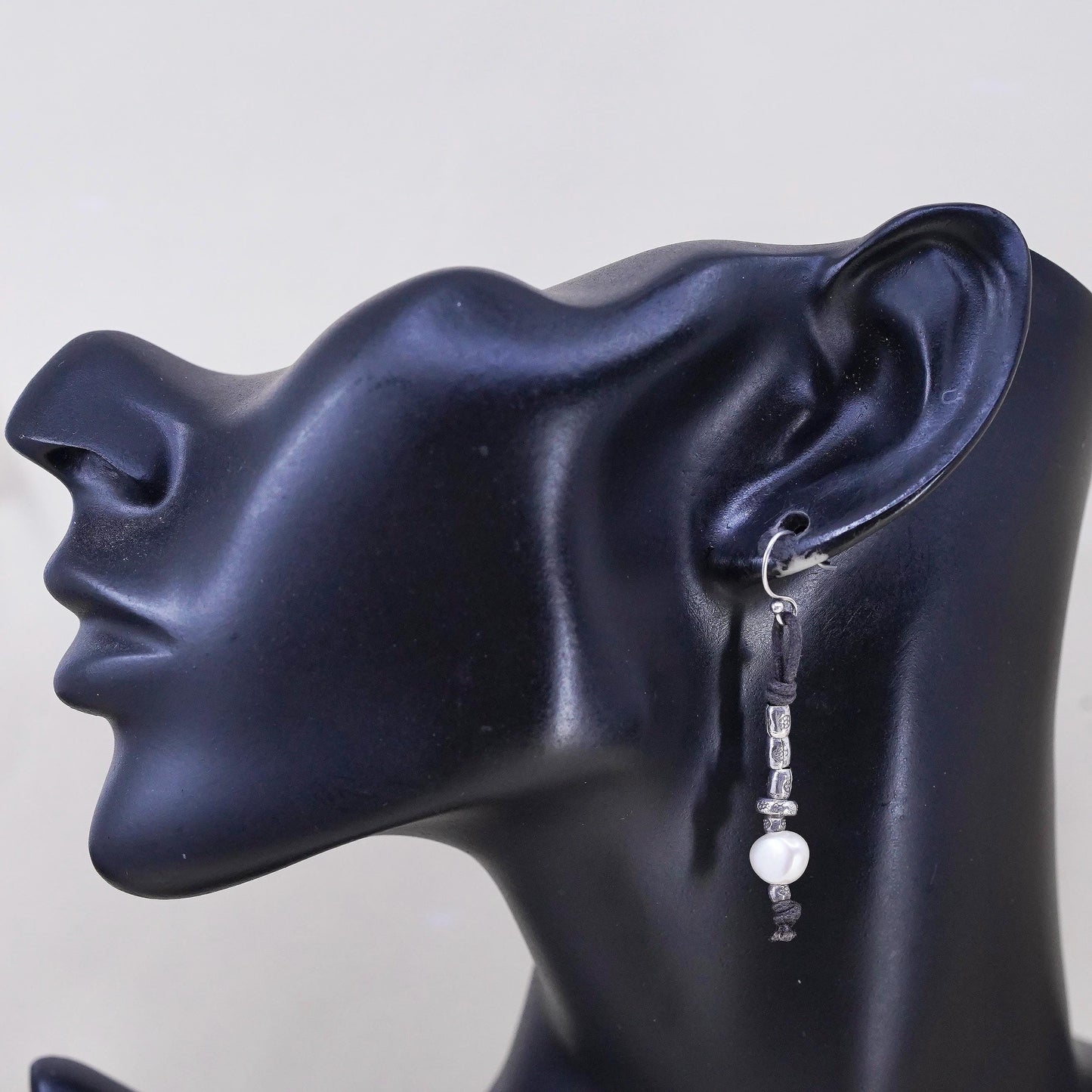 Vintage 925 Sterling Silver Leather Textured Earrings with pearl beads